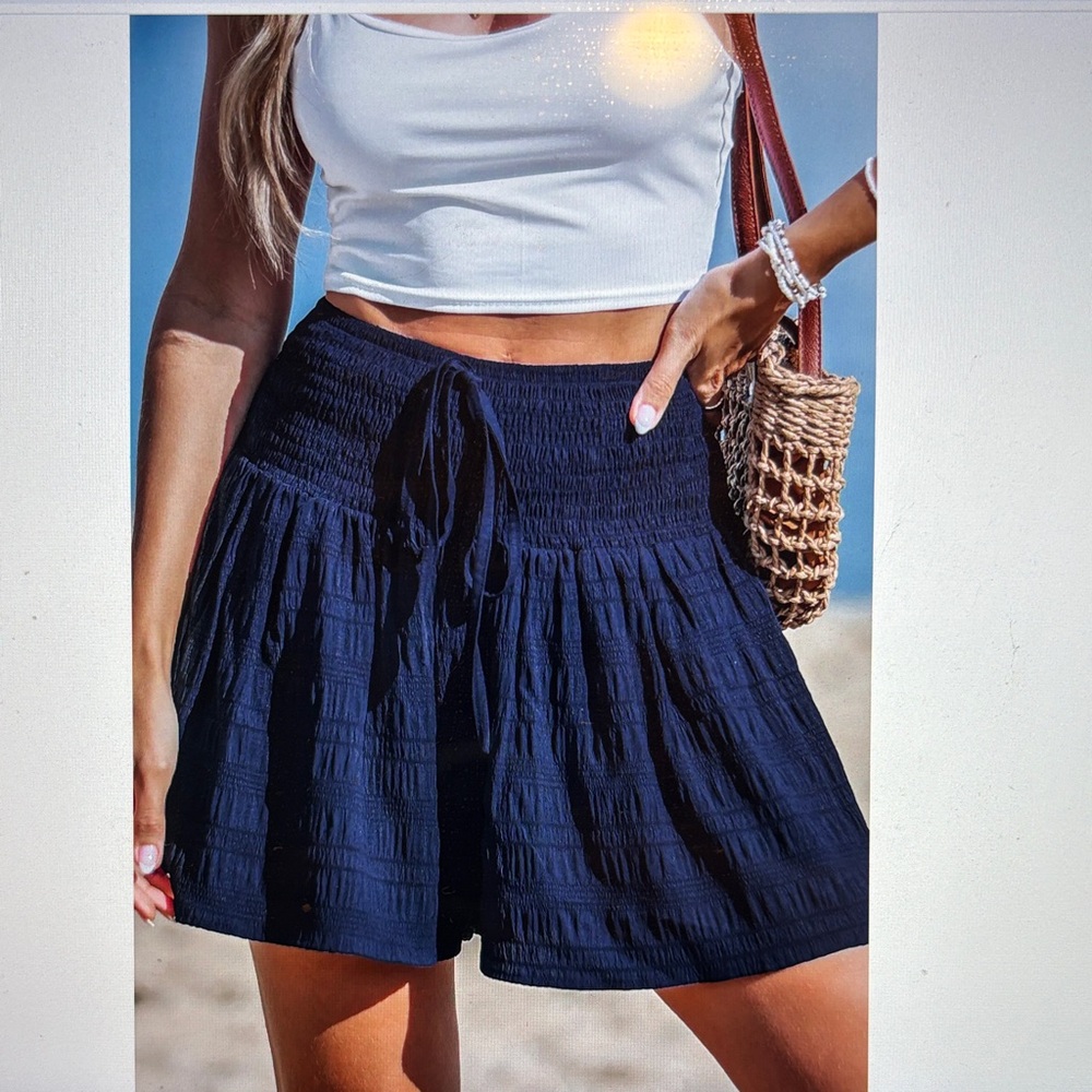 Blue  Smocked High-Waist Shorts